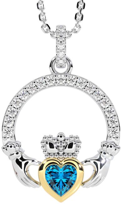 Diamond Topaz Gold Silver Claddagh Necklace