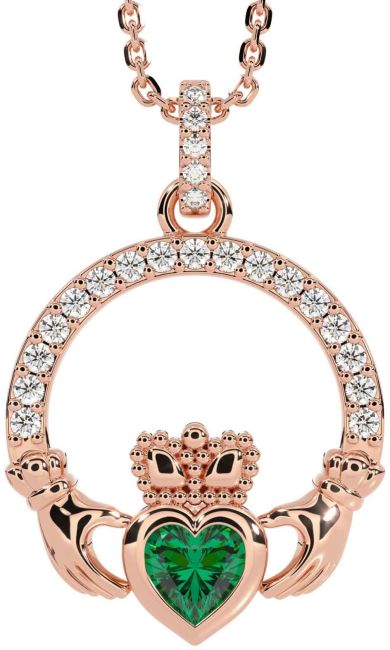 Diamond Emerald Rose Gold Silver Claddagh Necklace