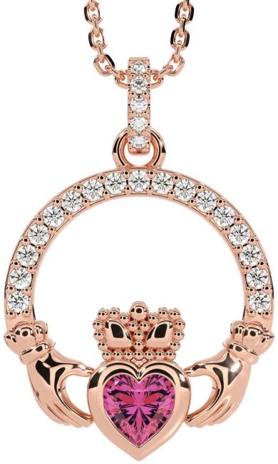 Diamond Pink Tourmaline Rose Gold Silver Claddagh Necklace