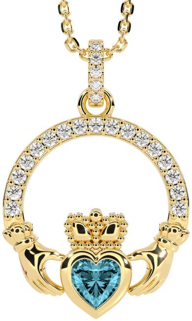 Diamond Aquamarine Gold Silver Claddagh Necklace