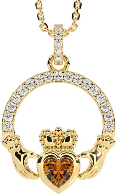 Diamond Citrine Gold Silver Claddagh Necklace