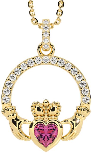Diamond Pink Tourmaline Gold Silver Claddagh Necklace