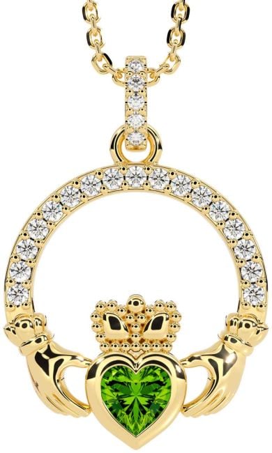 Diamond Peridot Gold Silver Claddagh Necklace