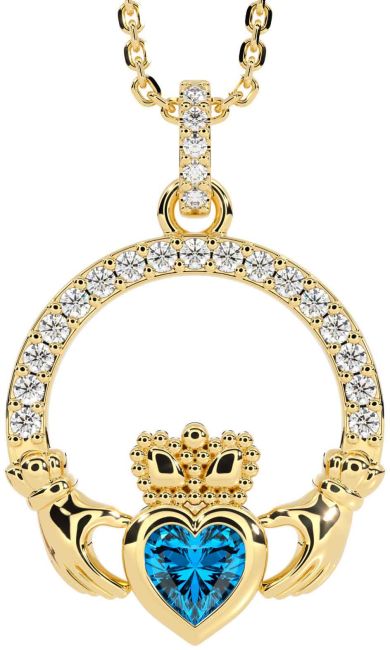 Diamond Topaz Gold Silver Claddagh Necklace