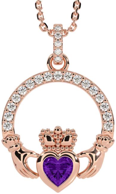 Diamond Amethyst Rose Gold Claddagh Necklace
