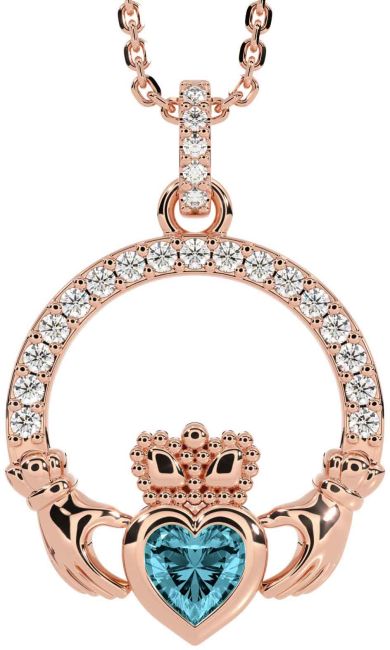 Diamond Aquamarine Rose Gold Claddagh Necklace