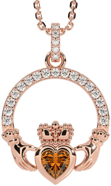 Diamond Citrine Rose Gold Claddagh Necklace