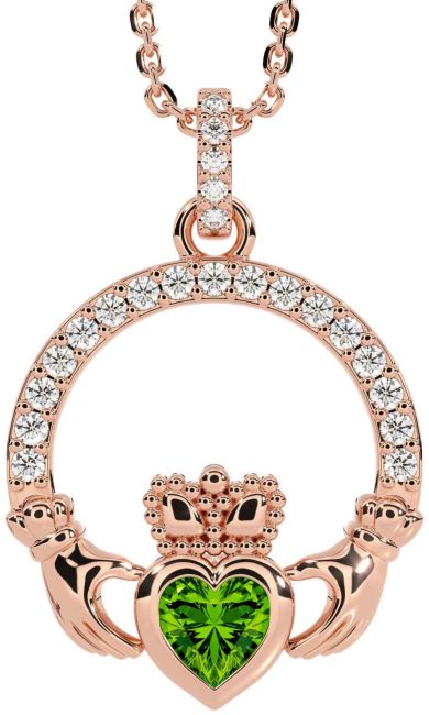 Diamond Peridot Rose Gold Claddagh Necklace