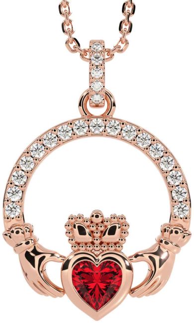Diamond Ruby Rose Gold Claddagh Necklace