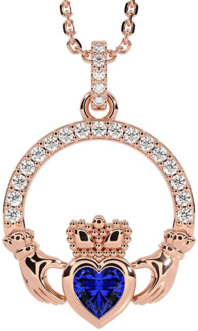 Diamond Sapphire Rose Gold Claddagh Necklace