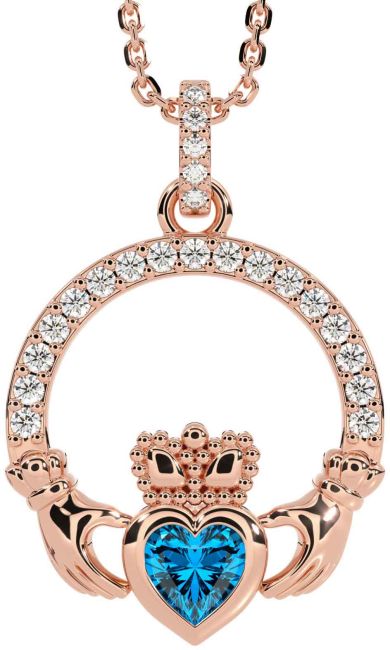 Diamond Topaz Rose Gold Claddagh Necklace