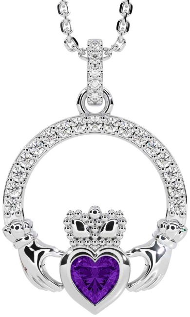 Diamond Amethyst Silver Claddagh Necklace