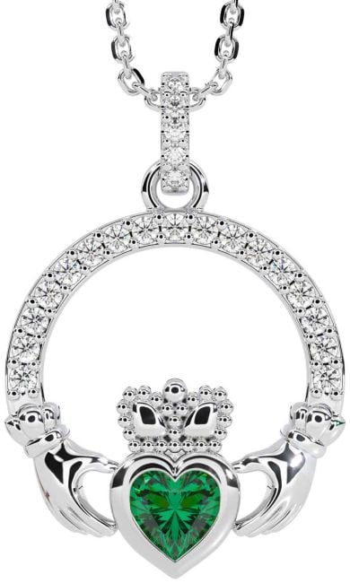 Diamond Emerald Silver Claddagh Necklace