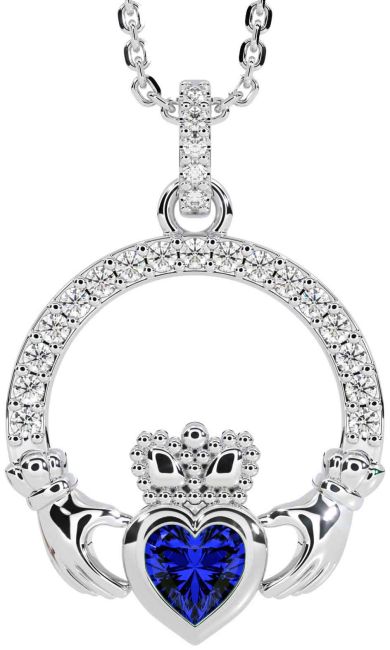 Diamond Sapphire Silver Claddagh Necklace