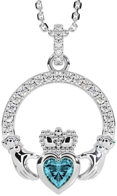 Diamond Aquamarine White Gold Claddagh Necklace