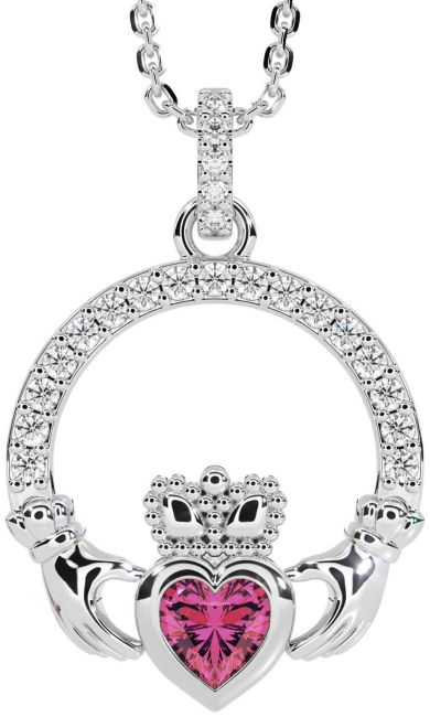 Diamond Pink Tourmaline White Gold Claddagh Necklace