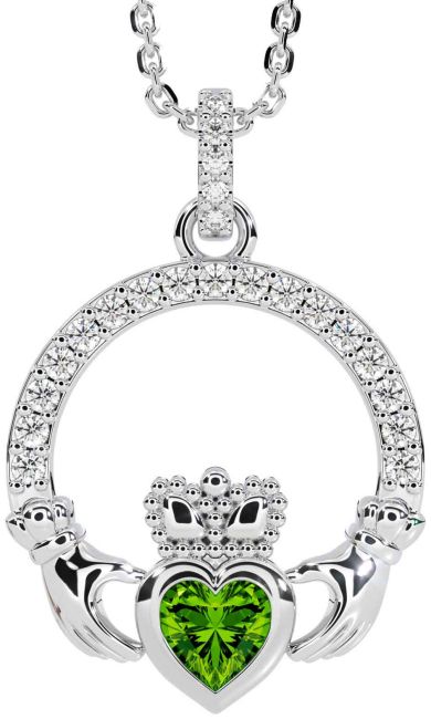 Diamond Peridot White Gold Claddagh Necklace