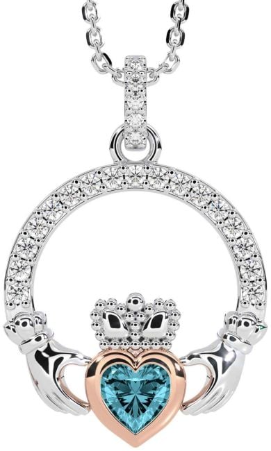 Diamond Aquamarine White Rose Gold Claddagh Necklace