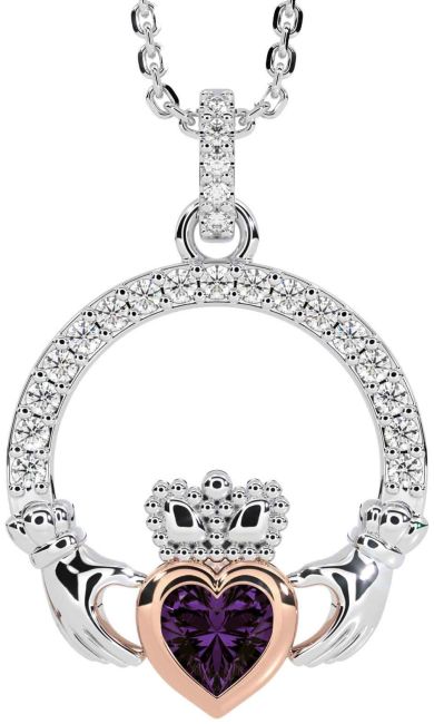 Diamond Alexandrite White Rose Gold Claddagh Necklace