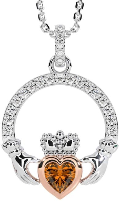 Diamond Citrine White Rose Gold Claddagh Necklace