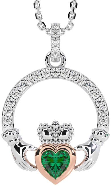 Diamond Emerald White Rose Gold Claddagh Necklace