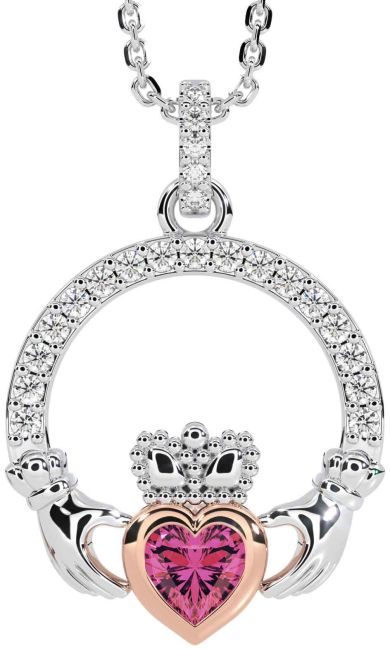Diamond Pink Tourmaline White Rose Gold Claddagh Necklace
