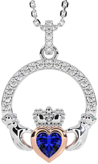 Diamond Sapphire White Rose Gold Claddagh Necklace