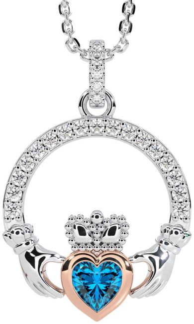 Diamond Topaz White Rose Gold Claddagh Necklace