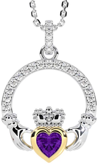 Diamond Amethyst White Yellow Gold Claddagh Necklace