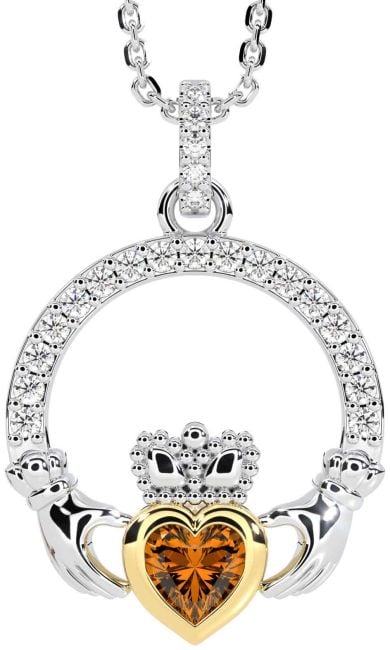 Diamond Citrine White Yellow Gold Claddagh Necklace