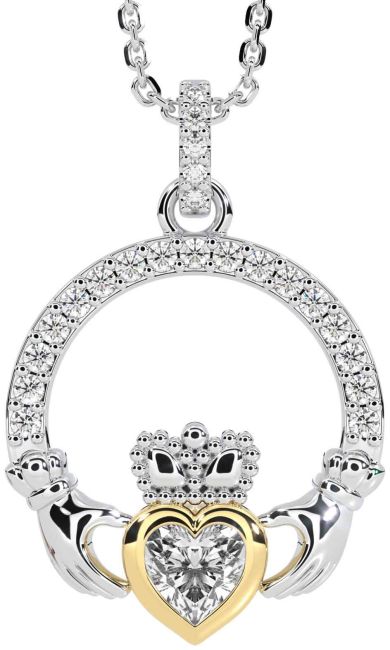 Diamond White Yellow Gold Claddagh Necklace