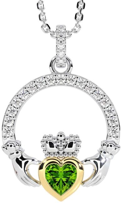 Diamond Peridot White Yellow Gold Claddagh Necklace