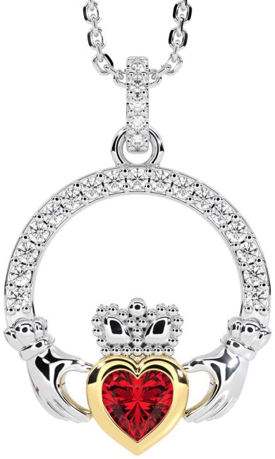 Diamond Ruby White Yellow Gold Claddagh Necklace