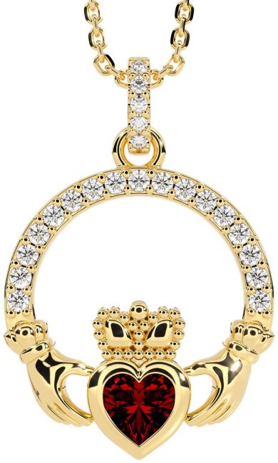 Diamond Garnet Gold Claddagh Necklace