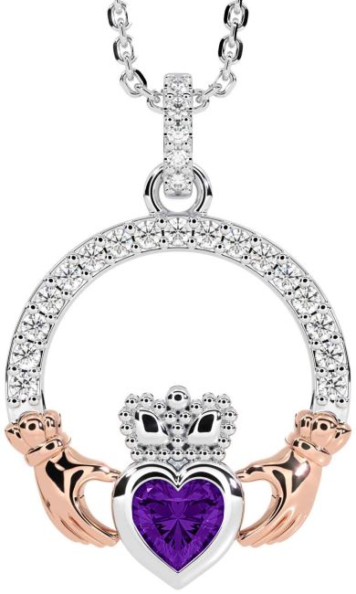 Diamond Amethyst Rose Gold Silver Claddagh Necklace