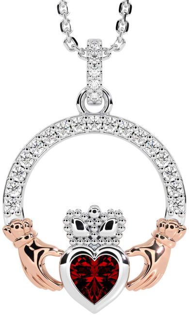 Diamond Garnet Rose Gold Silver Claddagh Necklace
