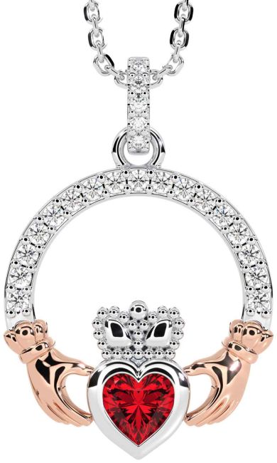 Diamond Ruby Rose Gold Silver Claddagh Necklace