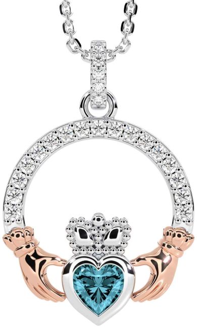 Diamond Aquamarine White Rose Gold Claddagh Necklace