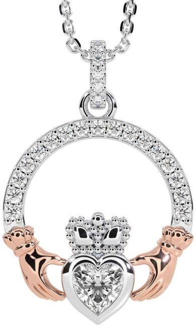 Diamond White Rose Gold Claddagh Necklace
