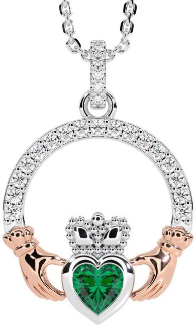 Diamond Emerald White Rose Gold Claddagh Necklace