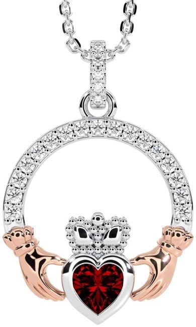Diamond Garnet White Rose Gold Claddagh Necklace