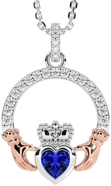 Diamond Sapphire White Rose Gold Claddagh Necklace