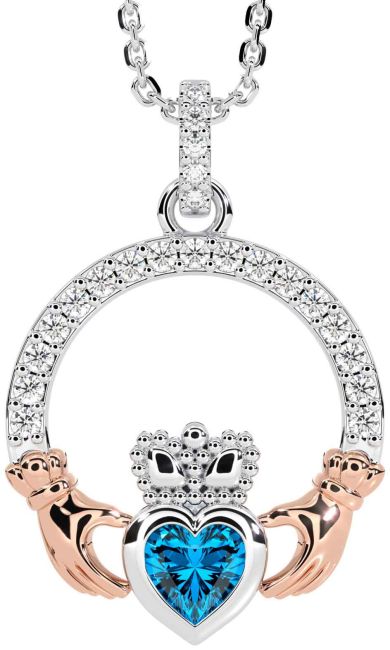 Diamond Topaz White Rose Gold Claddagh Necklace