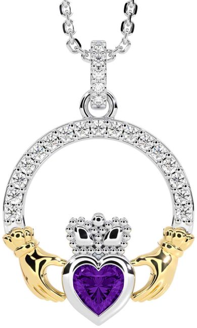 Diamond Amethyst White Yellow Gold Claddagh Necklace