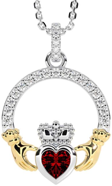 Diamond Garnet White Yellow Gold Claddagh Necklace