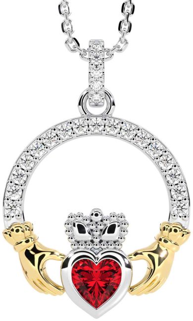 Diamond Ruby White Yellow Gold Claddagh Necklace