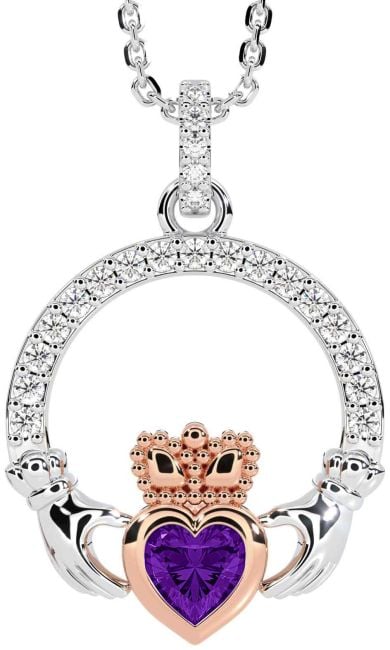 Diamond Amethyst Rose Gold Silver Claddagh Necklace