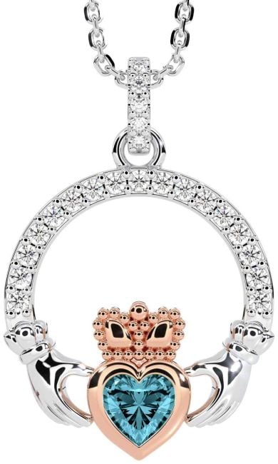 Diamond Aquamarine Rose Gold Silver Claddagh Necklace