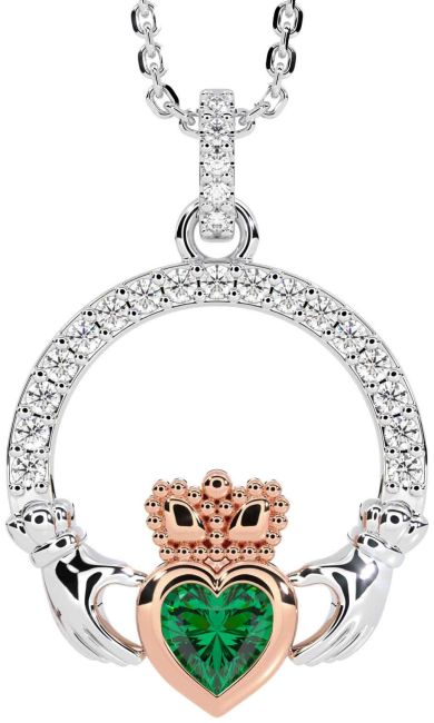 Diamond Emerald Rose Gold Silver Claddagh Necklace