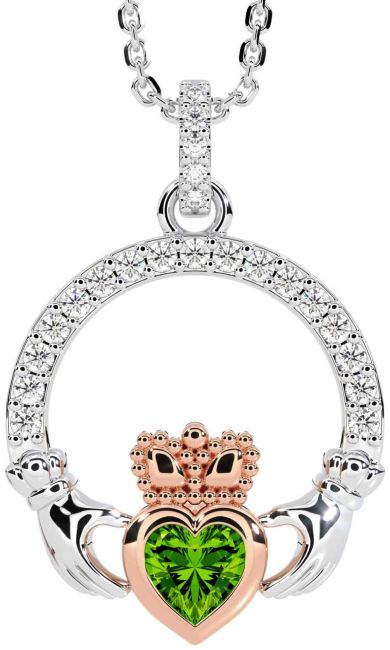 Diamond Peridot Rose Gold Silver Claddagh Necklace